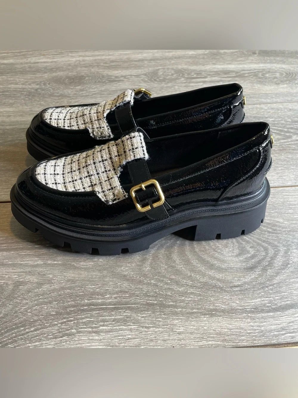 Circus NY Sam Edelman Black Patent Tweed Lug Sole T-Strap Loafers Women Sz 9.5